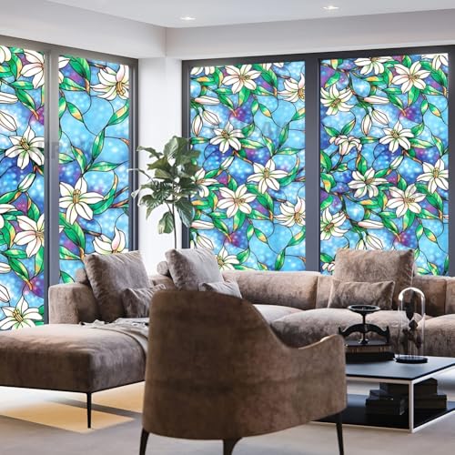 Image of CHIPAK Premium Vinyl Privacy Stained Window Glass Film (24x60 Inch) - Self-Adhesive Decorative Sticker Opaque Sheet Tint Wallpaper for Glass Cover Window, Door, Office.| Anti-UV. Blue Lily Flowers