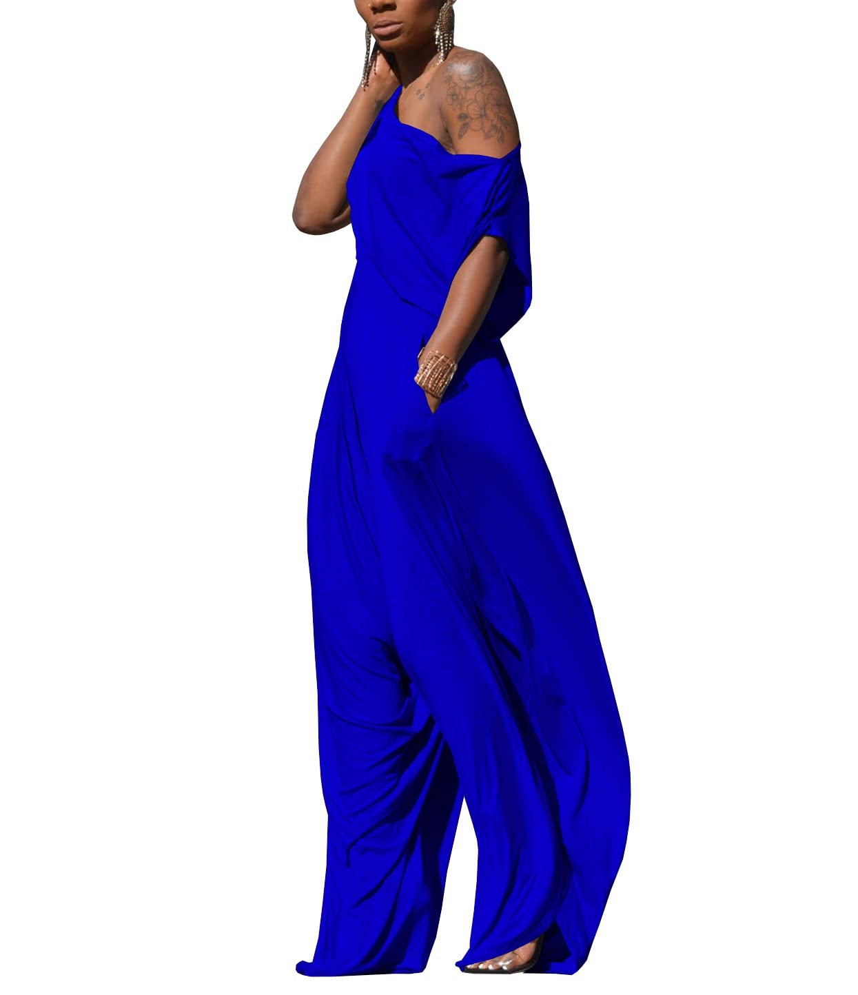 WOKANSE Tenue 2 pièces pour femme - Haut à manches courtes et épaules dénudées - Haut et pantalon sarouel ample