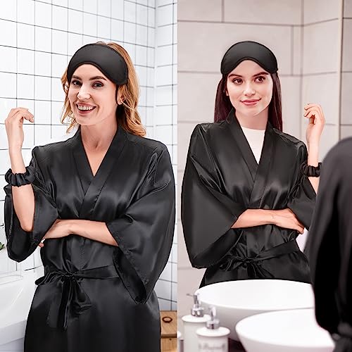 Xtinmee 18 Bridesmaids Robes for Women Silk Satin Short Black Robe Set Bridal Party Spa Wedding Sleepwear Scrunchies Patch4