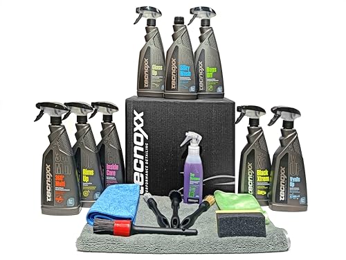 Tecnoxx - Kit Full Detailing PRO Set Completo 9 Prodotti per la Pulizia e la Manutenzione Interna ed Esterna delle Auto Include Lucidante Pulitore Cerchi Schizzi Rivestimenti Interni Insetti e Altro