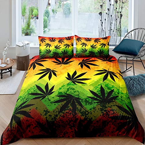 Marijuana Weed Duvet Cover Full Size, Cannabis Leaves Bedding Set For Kids Boys Girls Teens, Boho Exotic Leaves Hippie Comforter Cover Botanical Herb Grunge Bedspread Cover Room Decor, Green Yellow
