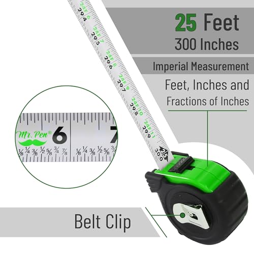 Image of Mr. Pen- Tape Measure, 25-Foot, Green, Steel Measuring Tape, Tape Measure with Fractions, Easy Read Tape Measure, Tape Measure 25 ft, Steel Tape Measure, Retractable Measuring Tape Retractable