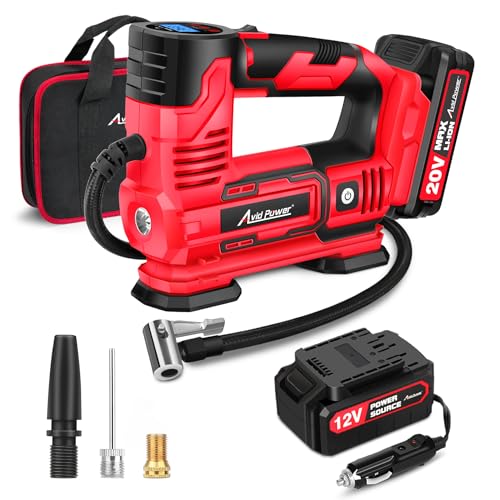 AVID POWER Tire Inflator Portable Air Compressor, 20V Cordless Car Pump w/Rechargeable Li-ion Battery, 12V Car Power Adapter, Digital Pressure Gauge, 150PSI Tire Compressor for Many Inflatables
