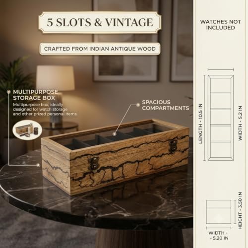 Image of Wooden Watch Box Organizer for Men - 5 Slot Watch Display Case with Glass Lid, Rustic Live Edge Wood Storage Box, Locking Clasp, Holds Watches