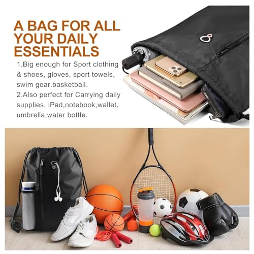 Image of ALASKA Drawstring Backpack Sports Gym Bag Large Size (18 Inch x 14 Inch) for Women & Men, Large Size With Two Zipper Pockets and Water Bottle Mesh Pocket.