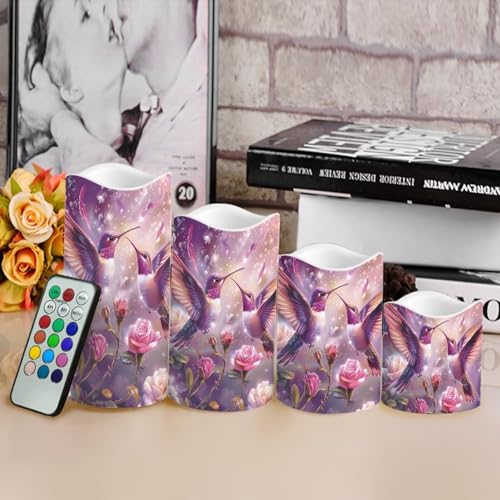Image of Purple Hummingbird Floral Plastic Flameless Candles with Remote Control and Timer LED Flickering Battery Electric Pillar Candles for Table Decoration
