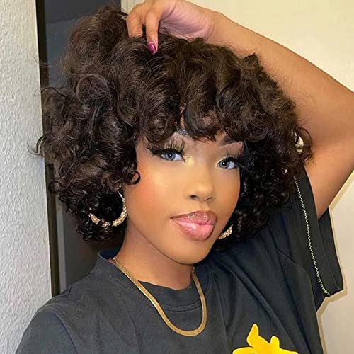 Short Curly Afro Human Hair Wig With Bangs Short Bouncy Rose Curl Wig Curly Wigs for Black Women Black Curly Wig with Bangs Natural Looking Fluffy Bouncy Wigs for Daily Party Use (1b#,10 Inch)