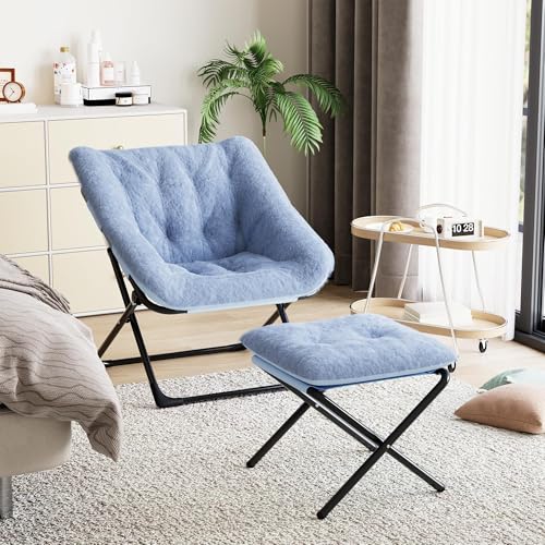 Comfy Saucer Chair, Foldable Living Room Chairs, Faur Fur Soft Lounge for Bedroom, Dorm, Metal Frame Reading Chairs for Adults, Kids, Blue