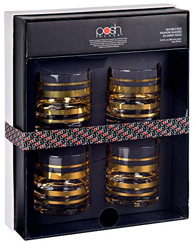 Home Essentials 9194 Posh Gold Bangle Double Old Fashioned Glass In Deluxe Gift Box Set Of 4, 10Oz #TOP1