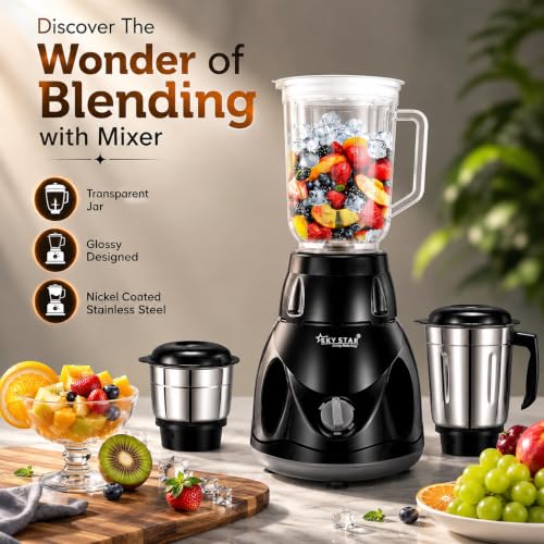 Image of Skystar 750W 4 Jar BIS Approved Juicer Mixer Grinder with Heavy Duty Motor, Premium Black Diamond Cut Body, 3 Speed Modes, Durable ABS Build, 2 Years Warranty
