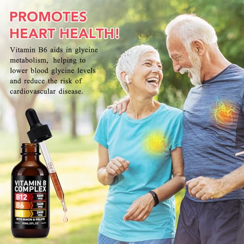 Vitamin B Komplex Tropfen Flüssig, 60ml Vitamin B Komplex Hochdosiert Tropfen mit 5 B-Vitaminen B1, B3 Niacin, B6, B9 Folsäure, B12, Vegan, Natürlichem Himbeergeschmack