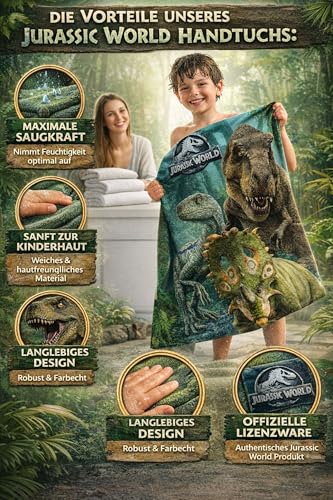 SkyBrands Jurassic World Kinder Duschtuch 70x140 cm - 100% Baumwolle Badetuch - Weich & Atmungsaktiv - Ideal für Strand, Pool & Badezimmer - Dino-Motiv für Jungen & Mädchen