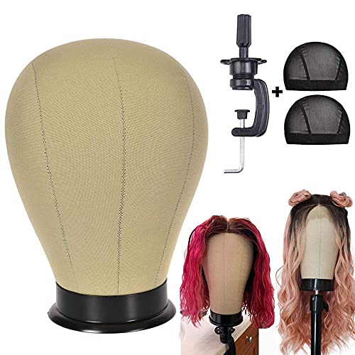 Wig Head Cork Canvas Block Mannequin Head with Stand Canvas Wig Block Head Cork Canvas Head Set Canvas Block Head for Wig Display Styling Manikin Head with Mount Hole 22inch