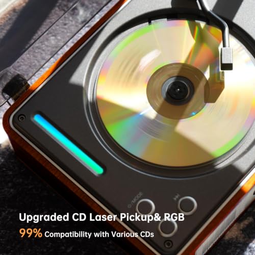 Image of Retro CD Player for Home, Portable Player with Bluetooth & Digital Output | Vintage protable cd player, wooden housing, dual HiFi Speakers .Bluetooth In /Out, 2600mAh rechargeable,remote & RGB lights