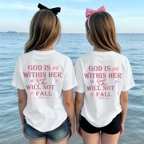 Image of Girls Christian Tees God is Within Her Jesus Shirt for Kids Faith Cute Graphic Bow Tshirt Inspirational Religious Top