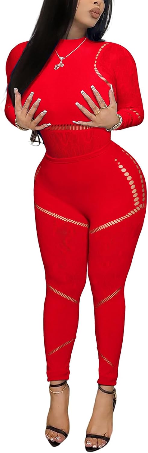 Ophestin Womens Sexy 2 Piece Club Outfits Mesh Hollow Out Long Sleeve Jumpsuit Bodysuit and Leggings Set