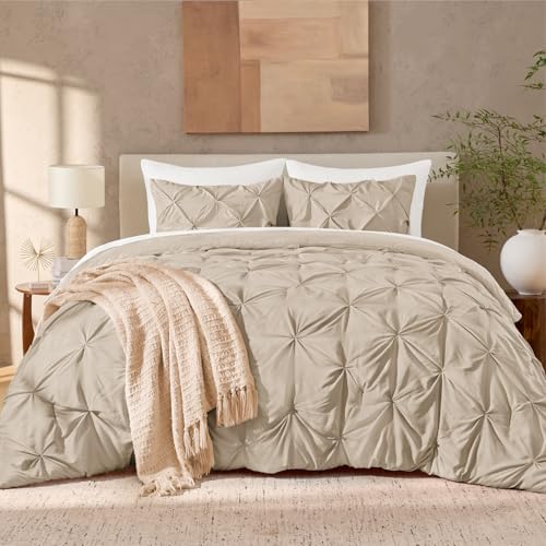 Image of Andency Oversized King Pinch Pleat Comforter Set (120 inchx98 inch),3 Piece Lightweight Pintuck Bedding Comforters & Sets, Fluffy Down Alternative Comforter with 2 Pillow Shams for All Season,Khaki