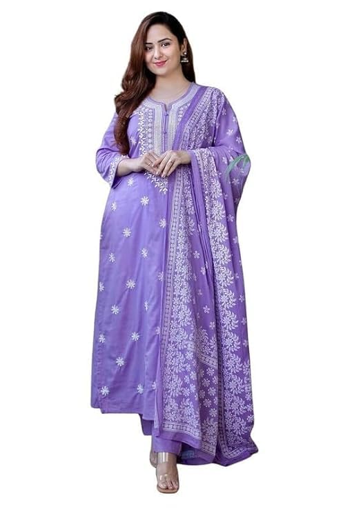 ROYALICAEthnic Motifs Embroidered Chikankari Pure Cotton Kurta with Trouser, Dupatta