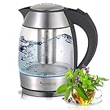 HOCHWERTIGE, LEBENSMITTELECHTE MATERIALIEN: hitzebeständiges Boro-Silikatglas als Korpus, Edelstahl an der Bodenplatte und BPA freier Kunststoff Deckel, welcher nicht direkt mit Wasser in Verbindung kommt