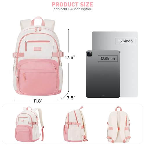 Image of WINDARS Backpack for School Girls, Cute High School Backpacks for Teens Women Student Large Bookbag 15.6 Inch Laptop Bag with USB Charger Port for College Work Travel Trip (Pink Beige)