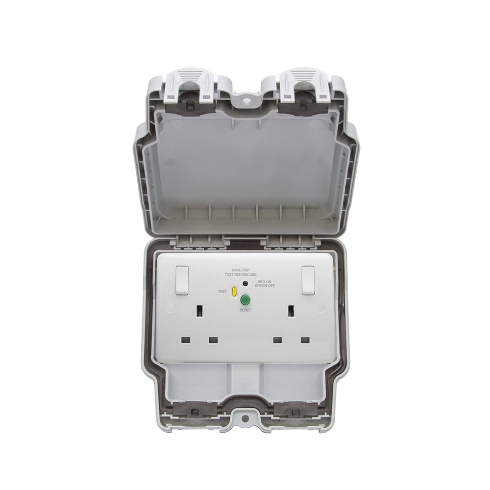 Lieber White Silk 2 Gang Rcd Outdoor Socket 13A Rcd Latched-30Ma Type A Double Pole Ip66 Weatherproof