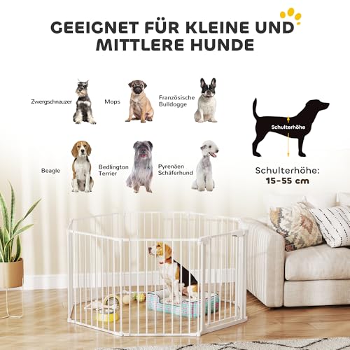 PawHut Welpenauslauf, 6-teilig Welpenlaufstall mit Tür, faltbar Laufstall Baby mit Doppelverriegelungssystem, 61x75cm Hundelaufstall für drinnen und draußen, für Kinder kleine mittelgroße Hunde Weiß