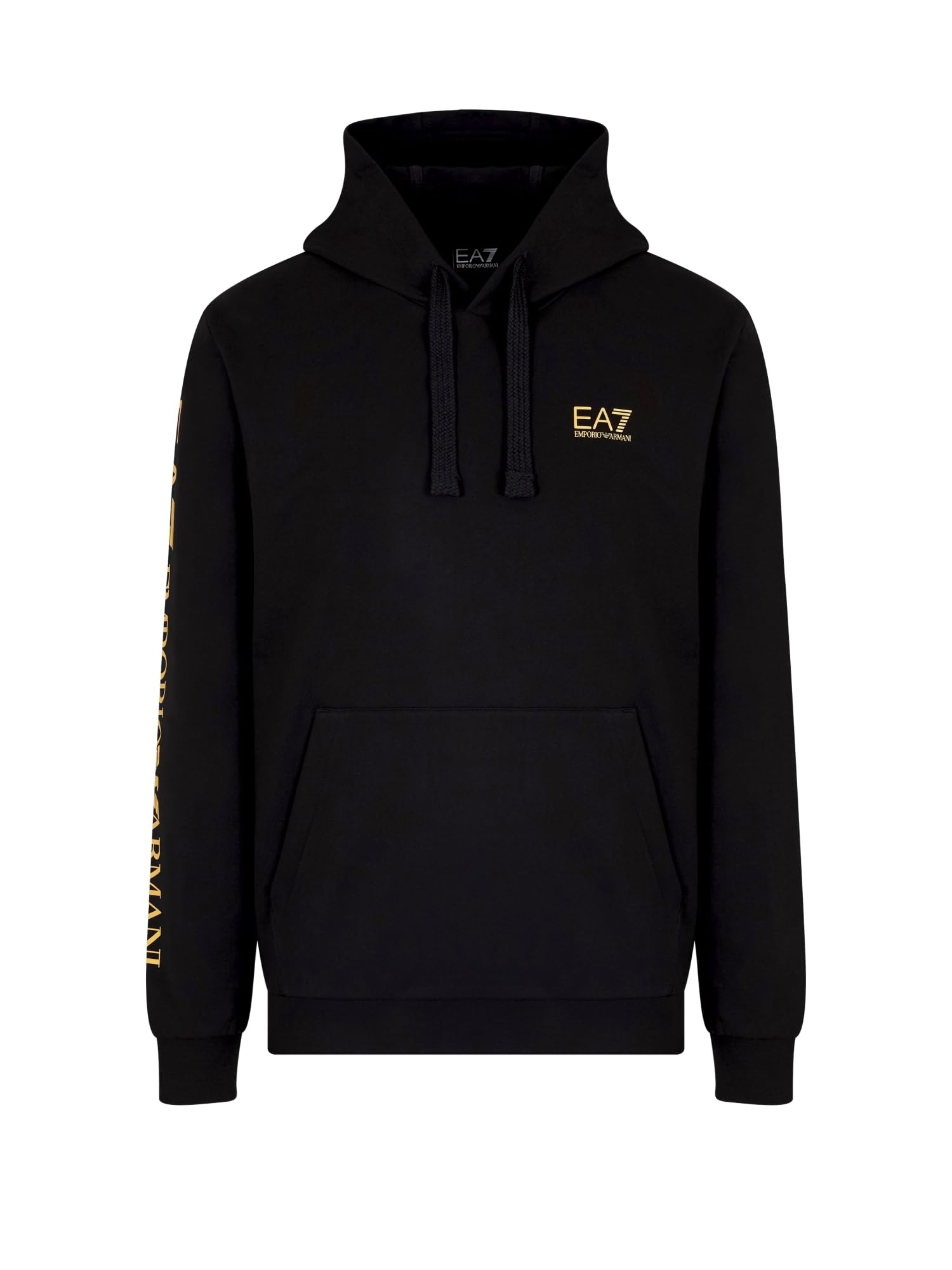 Emporio Armani EA7 Men's Hooded Sweatshirt with Logo Series in Lightweight Cotton, Black/Gold, XXL