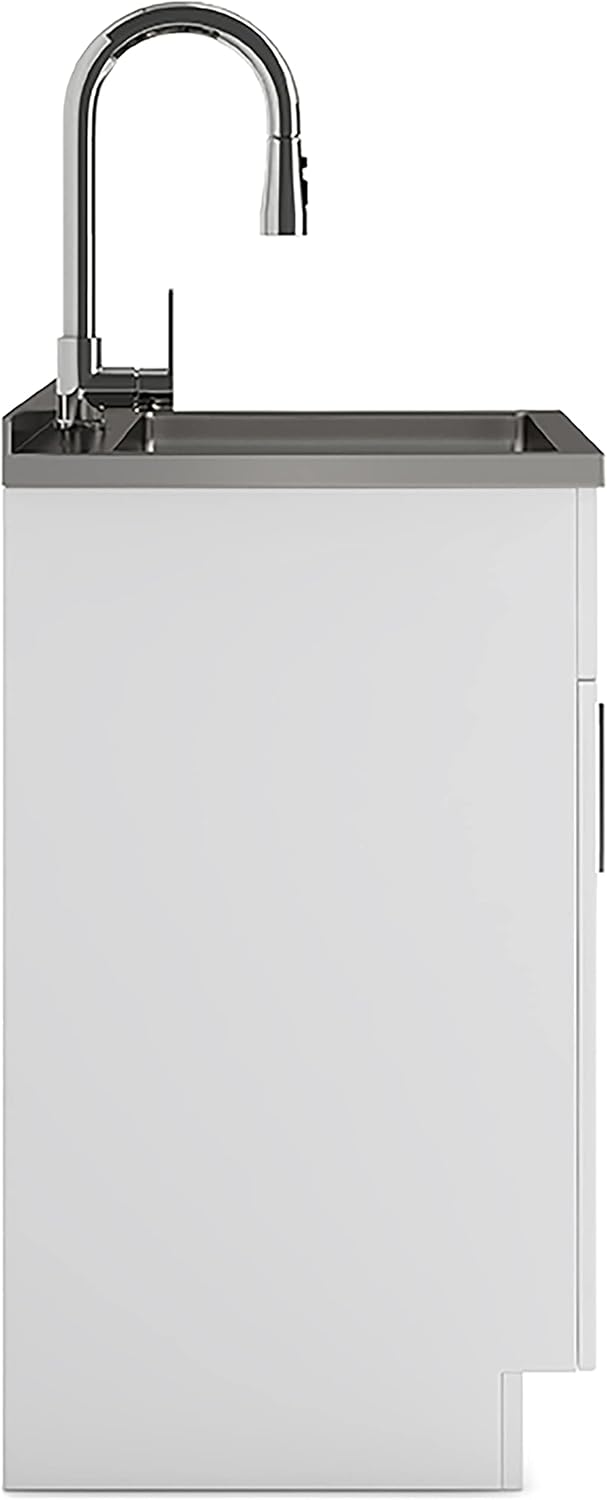 SIMPLIHOME Modern Wide Shaker All-in-One 28 inch Wide Utility Sink and Laundry Cabinet in Pure White Finish, Transitional Stainless Steel Sink Cabinet for Laundry Rooms with High-Arch Chrome Faucet