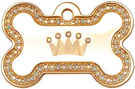 Gold Swarovski Crown Bone Large ID Tag | Free Customized Engraving | Fancy Pet Tags| Dog Cat Name Collar ID