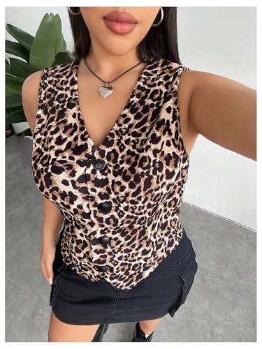 WDIRARA Women's Plus Size Leopard Print Button Down Vest V Neck Sleeveless Y2k Jacket4