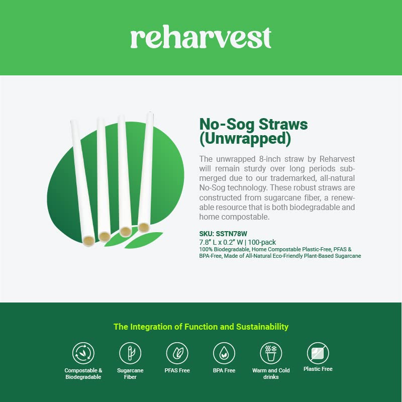 Reharvest Unwrapped 8-Inch, No-Sog Straws [Pack of 100], 100% Biodegradable, Home Compostable, Plastic-Free, PFAS-Free, BPA-Free, Made of Eco-Friendly Plant-Based Bagasse Sugarcane Fibers, White