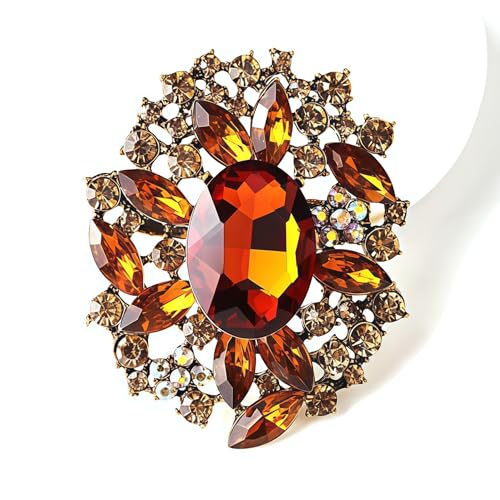 Image of Wedding Bridal Big Crystal Rhinestone Bouquet Brooch Pin for Women (Champagne Vintage Flower)