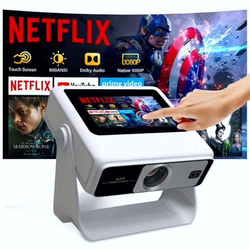 4k Support Projector with WiFi and Bluetooth,TouchScreen Portable Outdoor Smart Projector Auto Focus & Touch Control, Built-in 1,000+ Apps Native 1080P Mini Portable Movie Proyector for Home Theater