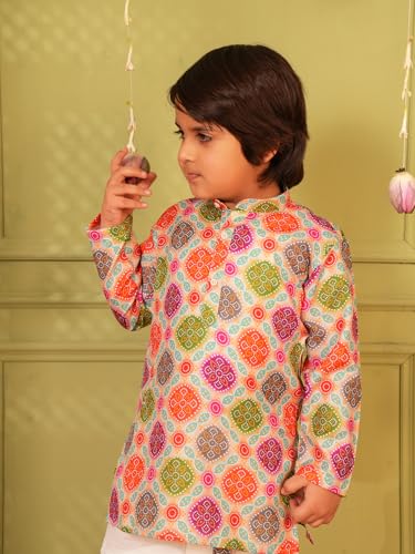 Image of AJ DEZINES Kids Cotton Printed Dhoti Kurta Set For Boys | Fashionable Bandhani Print Kurta | Stylish Boys Kurta Set | Perfect For Festivals Wedding & Family Function Wear