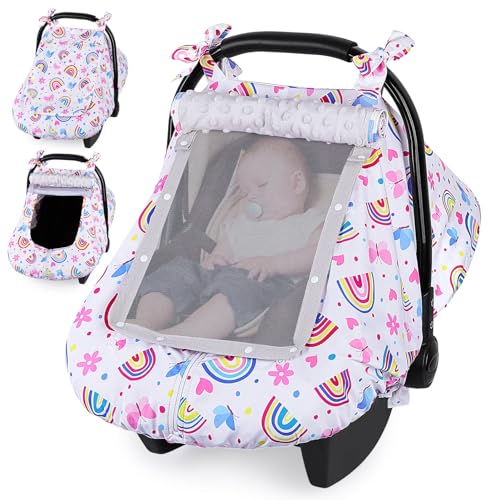 Image of Unicorn Castle Baby Car Seat Cover Infant Car Seat Covers for Babies Breathable Car Seat Canopy Mesh Window Carseat Cover for Four Seasons Newborn