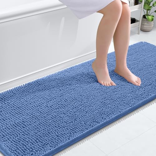 Image of OLANLY Bathroom Runner Rugs 70x24, Soft Absorbent Chenille Bath Rugs, Rubber Backing Quick Dry, Machine Washable Long Bath Mats for Bathroom, Tub and Shower, Home Decor Accessories, Cornflower Blue