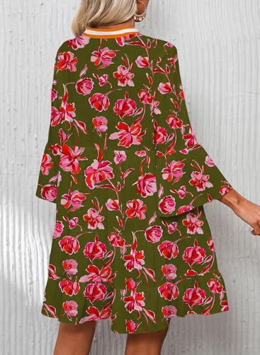 Image of Summer Dresses for Women 2026 Flowy Ruffle 3 /4 Sleeve V Neck Tiered Casual Babydoll Boho Beach Mini Dress