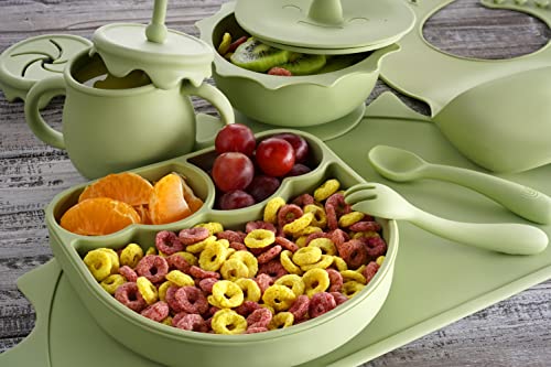 Baby Pastels - Baby Feeding Set - Baby Led Weaning Supplies - Silicone Suction Utensils/Cutlery/Dishes/Dinnerware For 6-36 Months - Bowl, Plate, Spoon Fork, Bib, Placemat, Cup 11 Pieces (Pastel Green) #TOP5