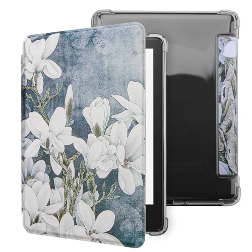 WALNEW Case for Kindle Paperwhite 11th Generation 2021 and Signature Edition,PU Leather Cover for 6.8" Kindle & Flexible Soft Clear Back Cover with Auto Sleep/Wake Feature (White Flowers)