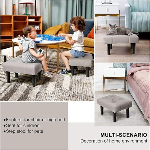 Image of Small Velvet Soft Foot Rest Footstool Ottoman with 4 Wooden Legs, Additional Seating Sofa Footrest for Living Room Entryway Set of 2 Grey