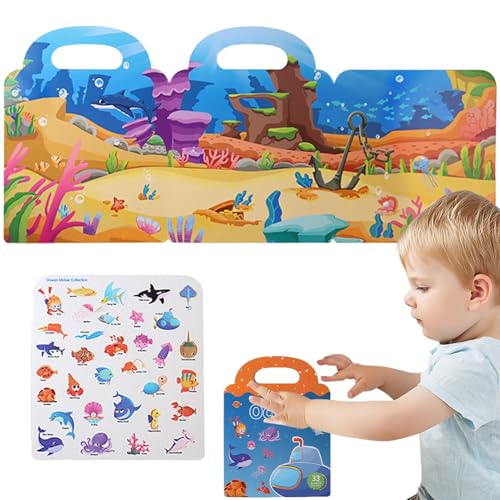 乗り物ステッカーブック 防水 再利用可能 ゼリーパズル ポータブル | 折りたたみ式早期教育学習ツール 対象年齢3歳以上 未就学児用 ハンドル付き