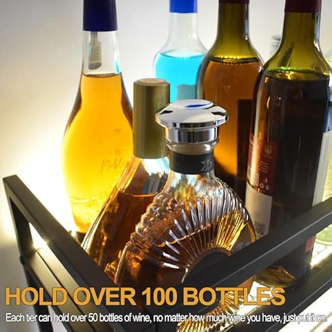 Large Heavy Duty 59in Wine Rack with LED Wall Mounted Bottle Glass Holder Under Shelf, 3-Tiers Liquor Floating Shelves Display Storage Organizer Hanging Long Stemware Goblet Metal for Home Bar