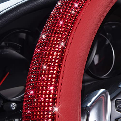 Image of CAR PASS Bling Diamond Leather Steering Wheel Cover, with Bling Sparkly Crystal Glitter Rhinestones Universal Fit 14 inch 1 /2-15 inch Car Wheel Protect for Women Girl Fit Suvs,Vans,Sedans,Cars,Trucks, Red