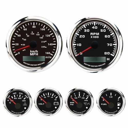 MOTOR METER RACING W PRO 6 Gauge Set 85mm 3-3/8" GPS Speedometer 160 MPH/240 KMH Tachometer 52mm 2-1/16" Volt Fuel Level Water Temperature Oil Pressure White LED Waterproof For Car Truck Boat Marine