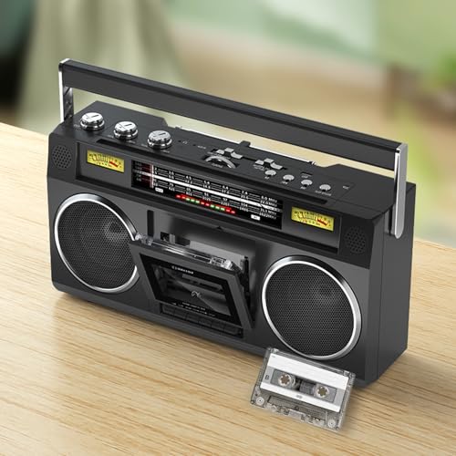 Reproductor de casetes Bluetooth, CD, radiocasete portátil, grabadora y reproductor de cintas, compatible con entrada SD/USB/TF, con conector para auriculares, alimentación por red eléctrica o pi