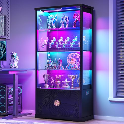 Image of TAGELIER Display Cabinet with Glass Doors and RGB LED Lights, 2 Drawers