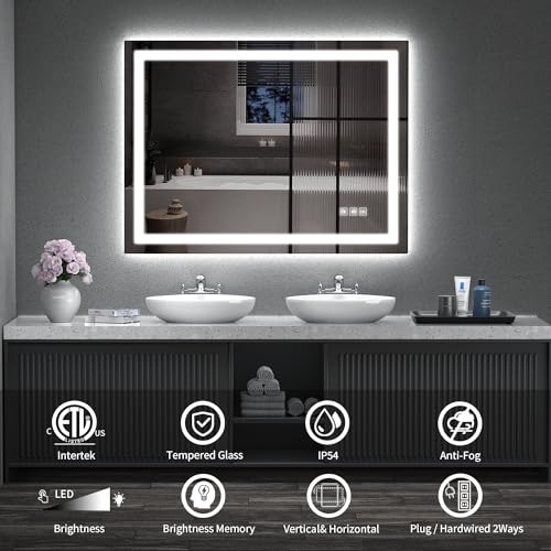 SHUAFA LED Mirror for Bathroom, 48x36 Inch Backlit + Front Lighted Bathroom Vanity Mirror with Lights for Wall, Double Light Strips, 3 Colors, Shatter-Proof, Anti-Fog and Brightness Memory