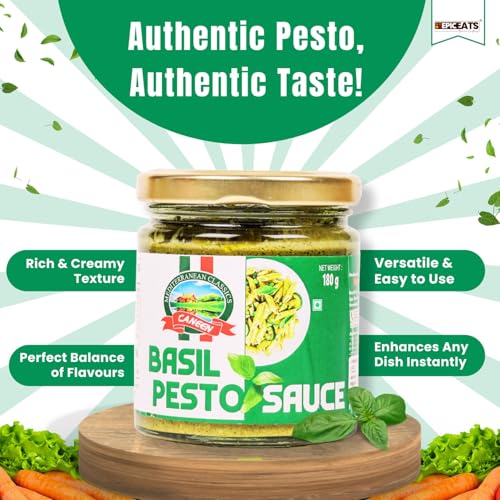 Image of CANEEN Basil Pesto Sauce - | Authentic Italian Recipe, Ready to Use, Perfect for Pasta, Sandwich,wraps|Simple Meals and Sides Creamy Pesto| Italian Toppings Sauce