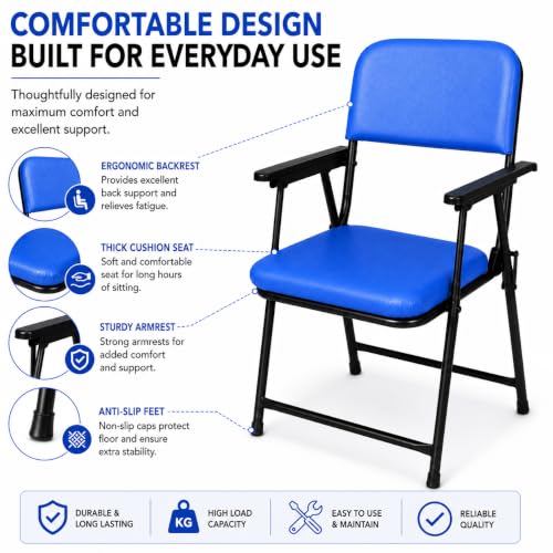 Image of Foldable Cushioned Chair with Armrests | Heavy Duty Metal Frame | Soft Padded Seat & Backrest | Space Saving Folding Chair for Home, Office, Study & Guest Seating | Blue