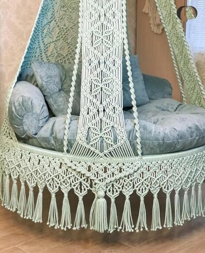 Image of Macrame Hanging Chair Swing with Cushion | Handmade Boho Hammock Chair for Adults & Kids | Indoor Outdoor for Balcony, Living Room, Bedroom, Patio & Garden (Olive Green)